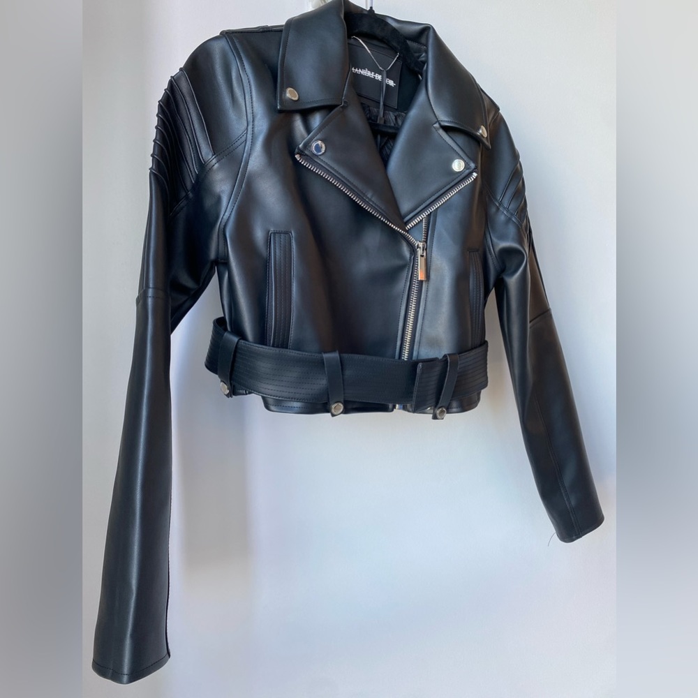 Maniere De Voir Faux Black Leather Cropped Jacket